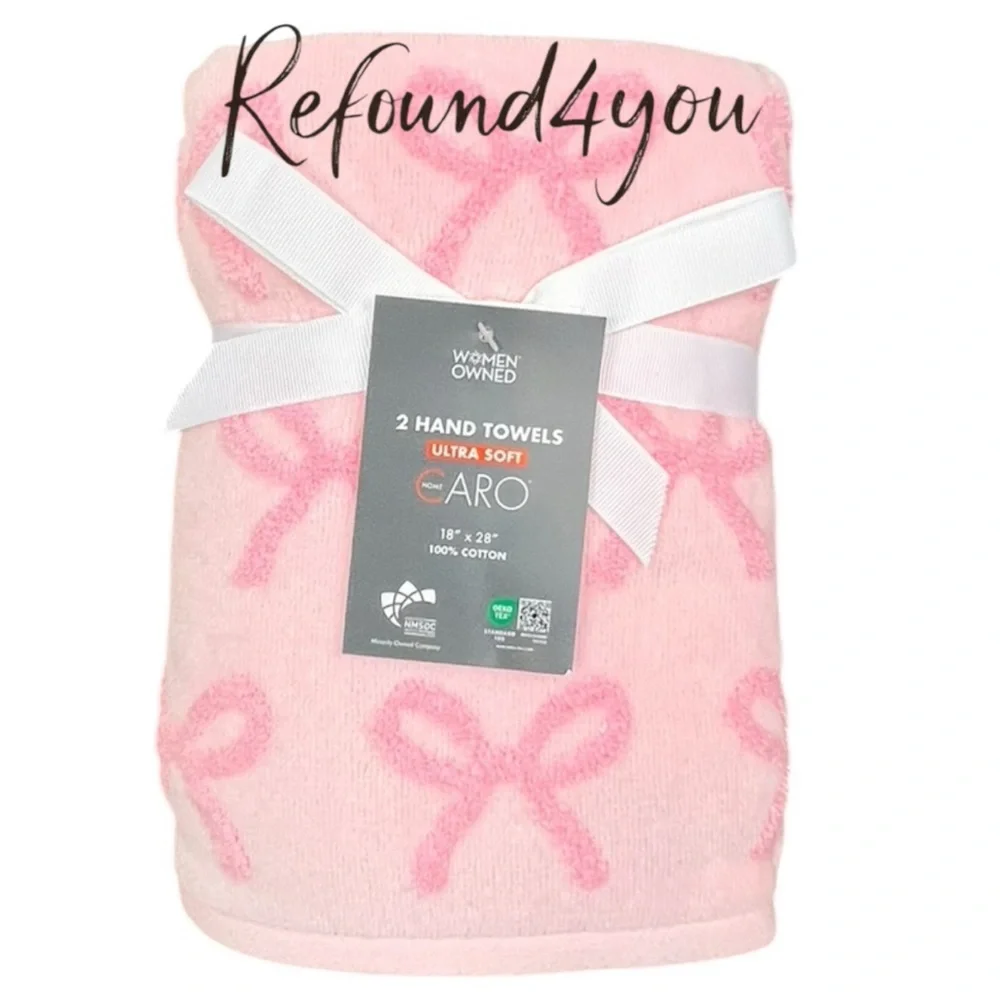 Caro - ‘Pink Bows’ Hand Towels (2). Ultrasoft. NWT. Firm!